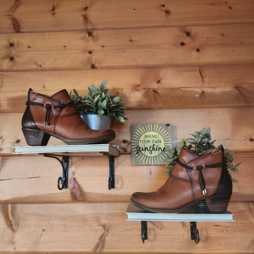 Pikolinos Rotterdam Boot Brown Leather Block Heel Bootie Western Braid Sz 39/8.5